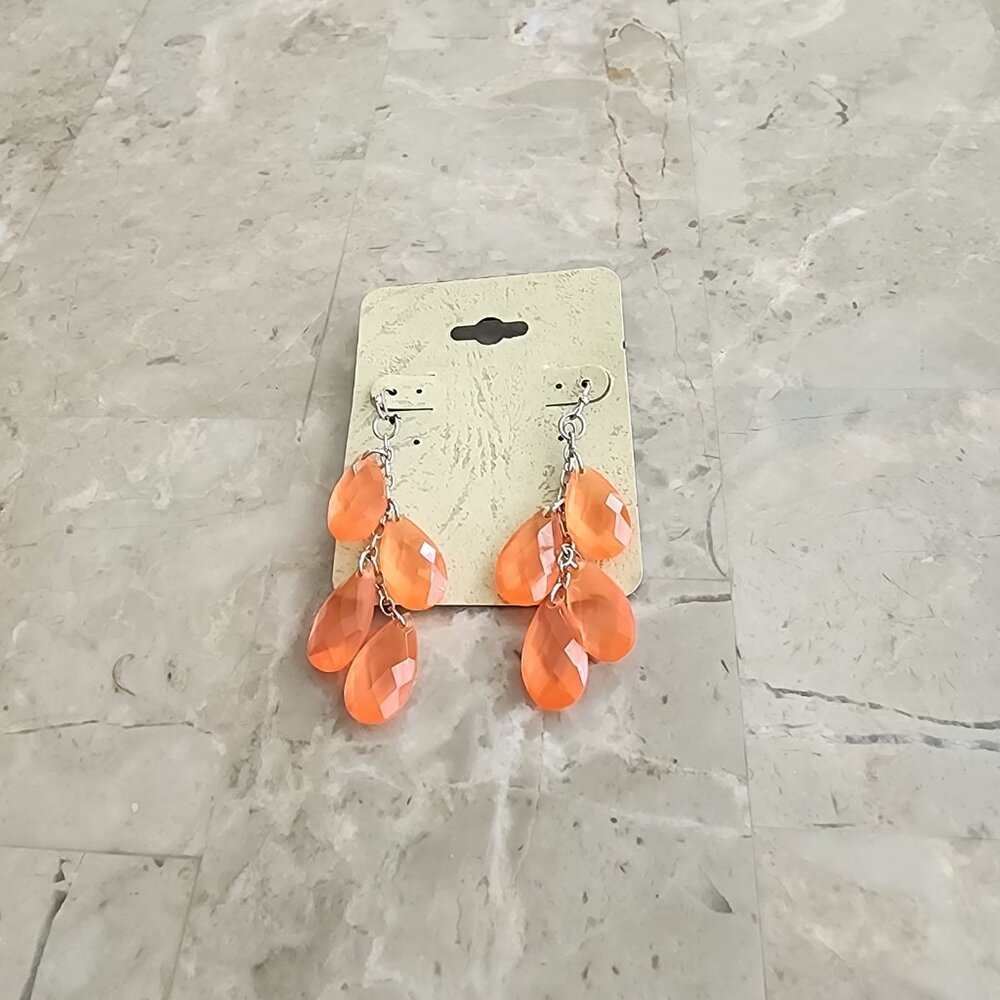 Orange Faceted Beads on Silver Chain Dangle Earrings